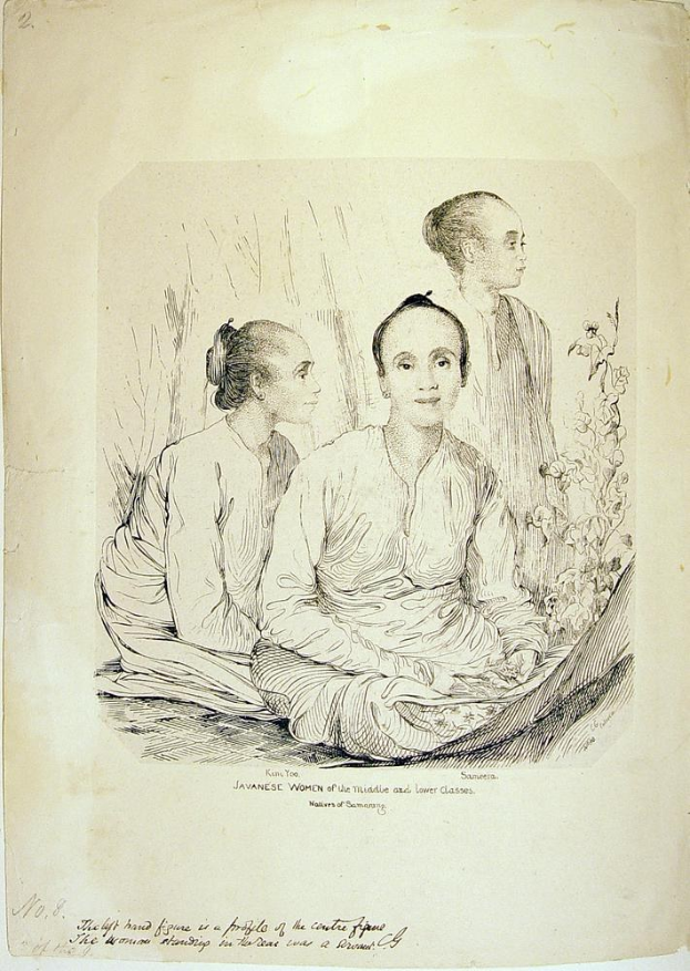 An old book illustration depicting three Javanese women of middle and lower classes sitting on the ground among plants and flowers, with the title "Javanese Women of the Middle and Lower Classes" at the bottom.