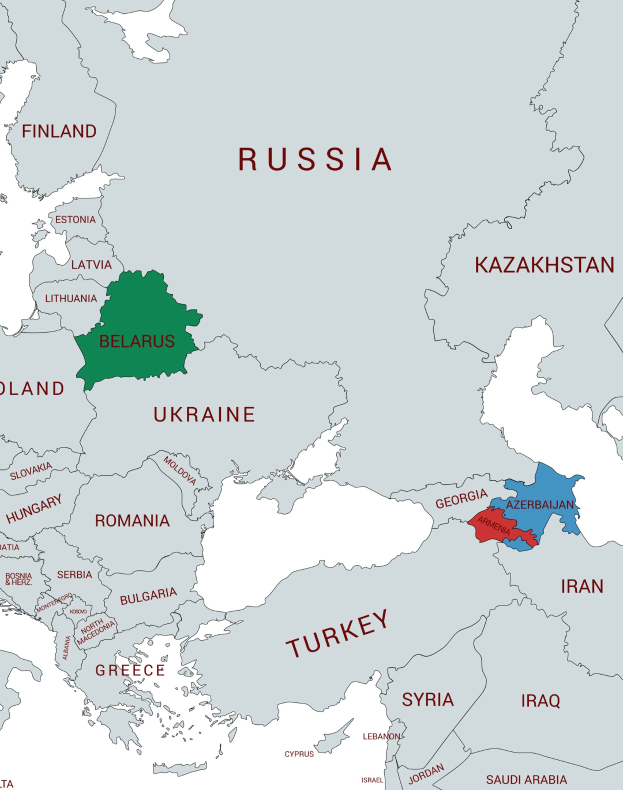 Eine Europakarte, die die Provinzen Belarus und Aserbaidschan in verschiedenen Farben hervorhebt, mit zusätzlichen Textdetails zu den beiden Ländern.