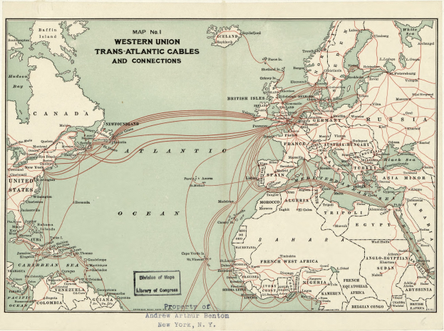 Eine detaillierte Karte der Western Union Trans-Atlantischen Kabelverbindungen zwischen Ländern, markiert mit Linien und beschrifteten Punkten.