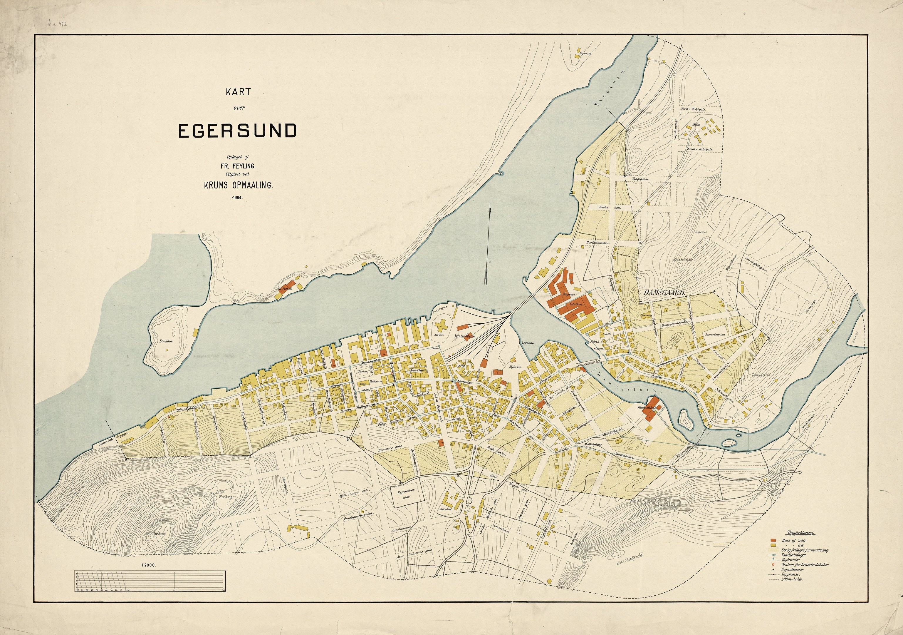 Detailed old map of Egersund, Sweden, displaying streets, buildings, and landmarks with accompanying text about population and notable features.