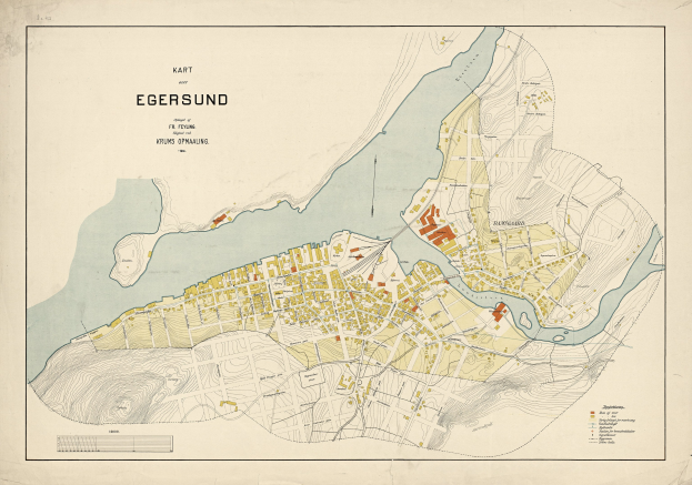 Detailed old map of Egersund, Sweden, displaying streets, buildings, and landmarks with accompanying text about population and notable features.