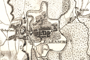 Ein detaillierter alter Stadtplan von Eulenburg, Deutschland, der Straßen, Gebäude und Sehenswürdigkeiten mit Textanmerkungen zeigt.