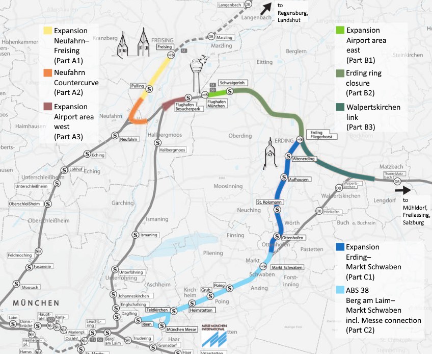 Eine detaillierte Karte einer Stadt mit einer hervorgehobenen Bahnroute von München nach Frankfurt, einschließlich Haltestellen und Umgebung, sowie zusätzlichem Text über die Länge, Entfernung und Sehenswürdigkeiten der Bahn.