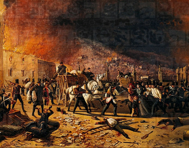 Chaotische Szene von bewaffneten Reitern und gestürzten Gestalten vor brennenden Gebäuden, mit Rauch und Text unten.