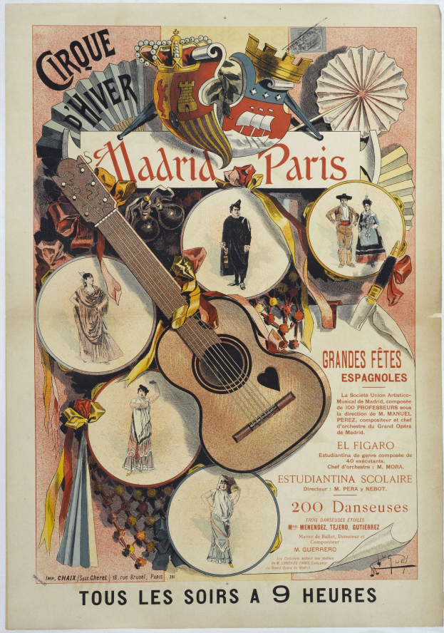Konzertplakat in Madrid, Spanien, mit Bildern von Menschen, einer Gitarre und anderen Musikinstrumenten sowie Werbetext.