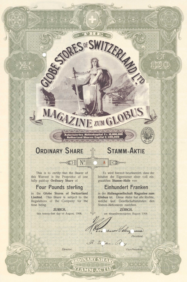 Altes Aktienzertifikat von Globe Stores der Schweiz mit einer Illustration einer Person, die ein Schild und ein Schwert hält, mit fetter "Globe Stores"-Beschriftung und einer Unterschrift unten.
