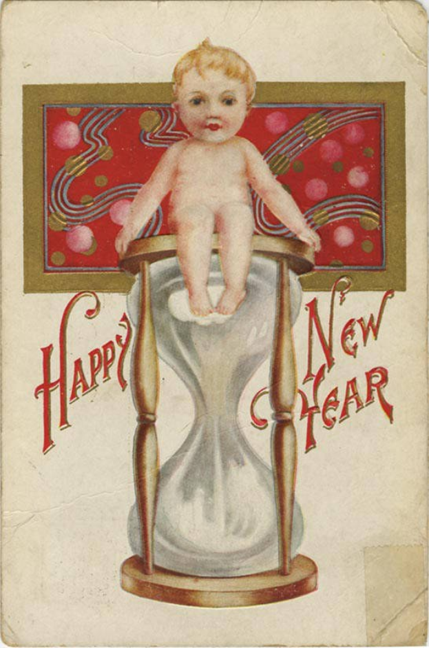 Altmodische Postkarte mit einem Baby auf einer Sanduhr, die mit 'Frohes neues Jahr' beschriftet ist.