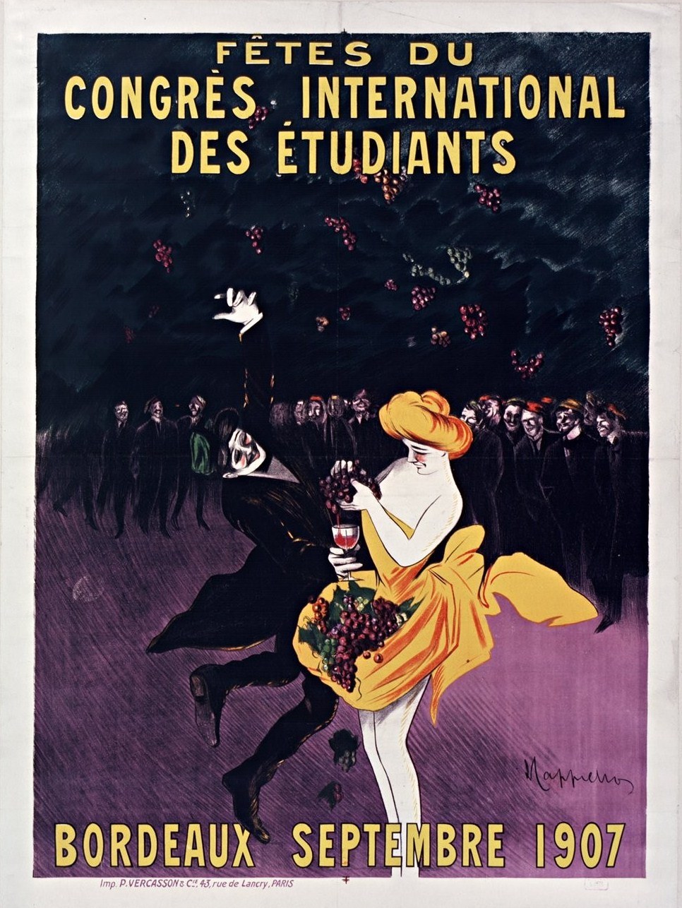 Plakat für eine Weinprobe in Bordeaux im Jahr 1907 mit einer Frau in gelbem Kleid, die ein Weinglas hält, umgeben von einer Menge, mit Veranstaltungstext.