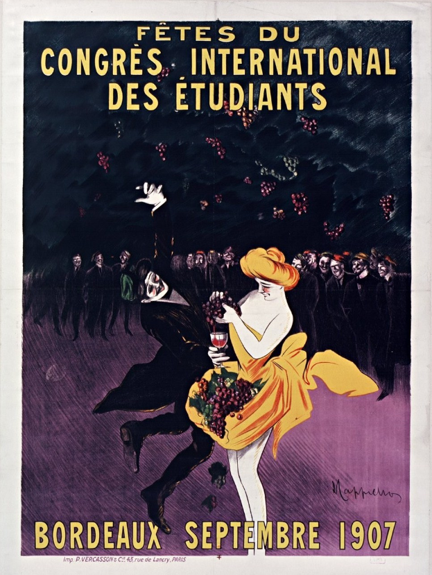 Plakat für eine Weinprobe in Bordeaux im Jahr 1907 mit einer Frau in gelbem Kleid, die ein Weinglas hält, umgeben von einer Menge, mit Veranstaltungstext.