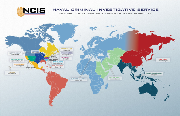 World map poster highlighting locations of naval criminal investigative services with color-coded regions and explanatory text.