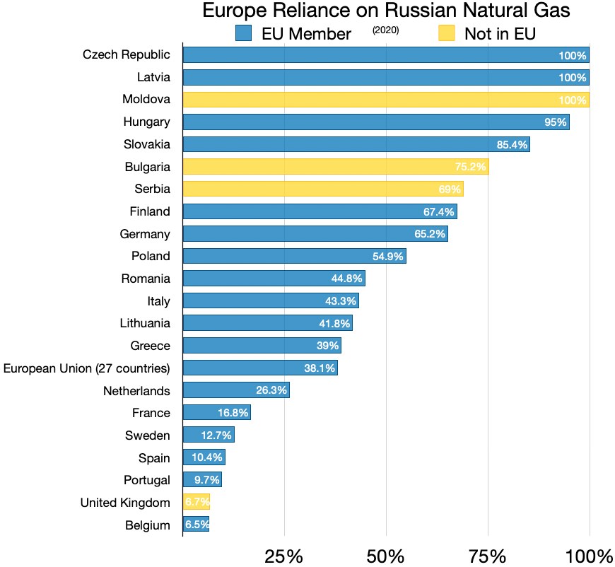 Eine Balkendiagrammdarstellung von Europa prozentualer Abhängigkeit von russischem Erdgas mit Textangaben zu Investitionsprozenten.