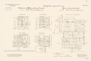 Schwarz-weißer Grundriss des ehemaligen Bundeskanzleramts, zeigt detaillierte Layout und Textannotationen.