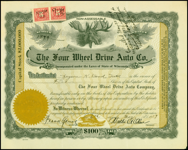 Rahmung Aktienzertifikat für Four Wheel Drive Auto Co. mit goldener Siegel, Text, Zahlen und mehrfarbigen Stempeln.
