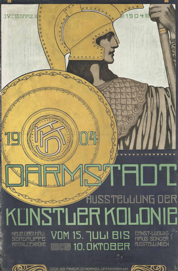 Plakat fuer ein 1904er Berlin-Konzert mit einem Helm tragenden Figur, die ein Schild haelt, mit "Darmstadt" und "Kuenstler Kolonie" in fetter Schrift.