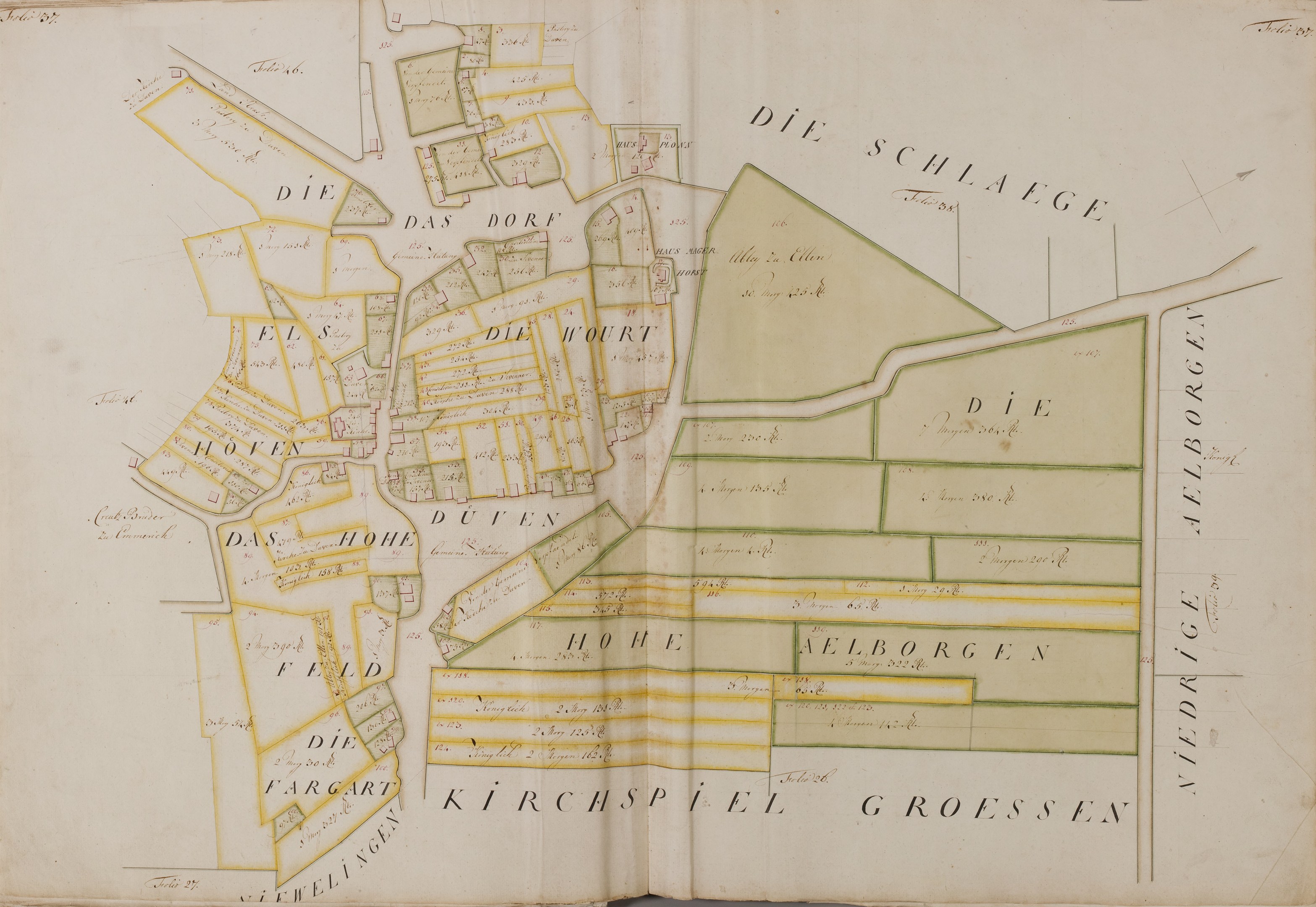 An old book featuring a detailed map of Hamburg, Germany, with accompanying text about the city's population, streets, and landmarks.