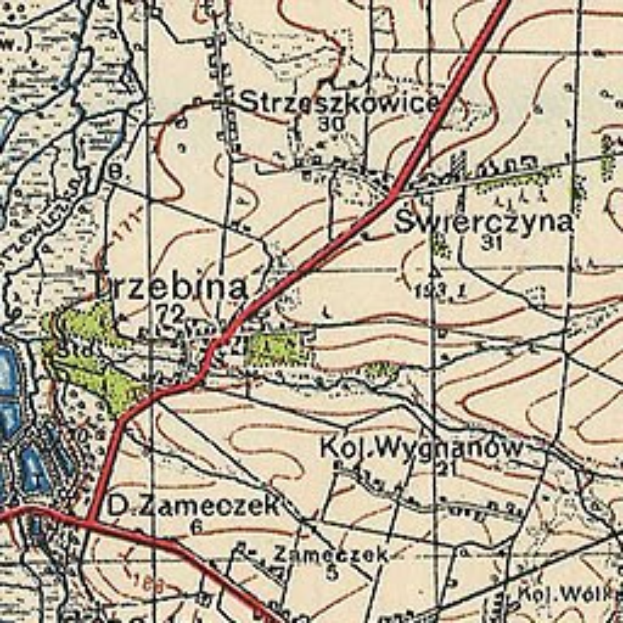Topografische Karte von Szczecin, Polen, mit einer markierten Zugstrecke vom Stadtzentrum.