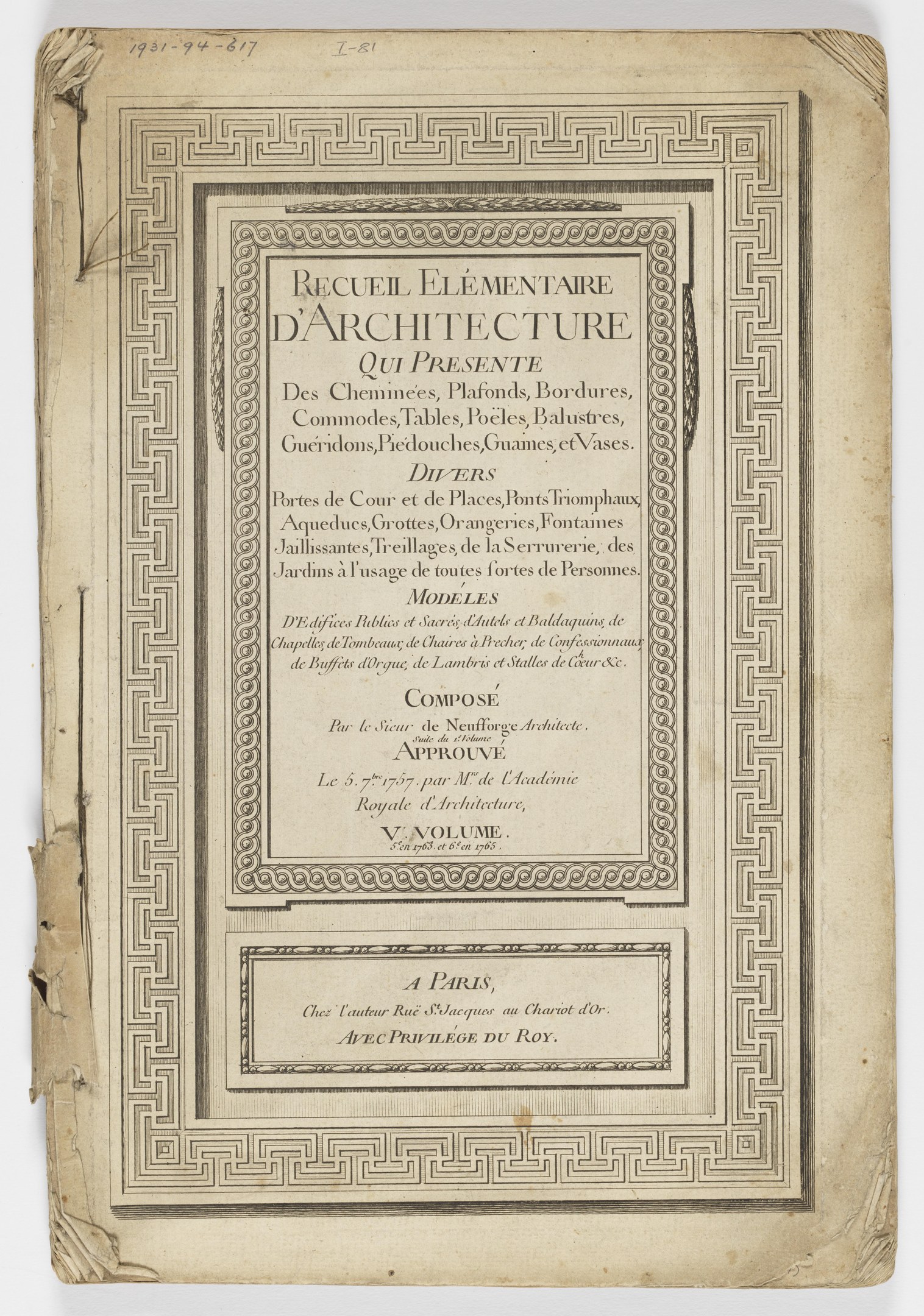 Old book titled "Recueil Elementaire d'Architecture qui Presente" on a white background with a design on the cover.