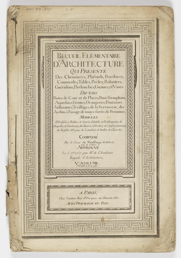 Old book titled "Recueil Elementaire d'Architecture qui Presente" on a white background with a design on the cover.