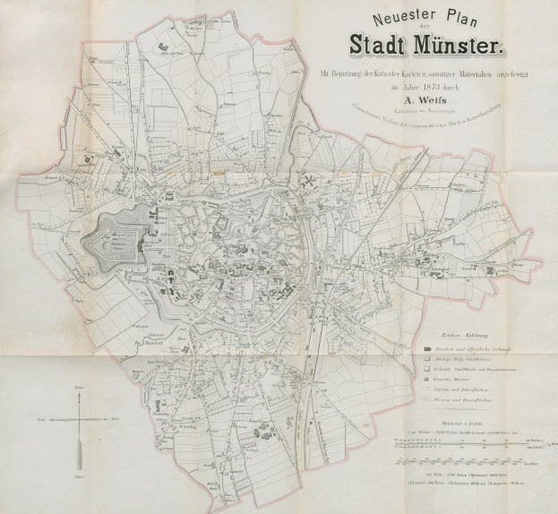 Old map of Stadt Münster, Germany from 1873, showing detailed geographical and textual information of the area.