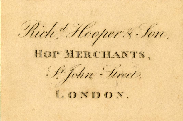 Geschäftskarte für Rich, Hooper & Son, Hop Merchants, ansässig in St John Street, London.