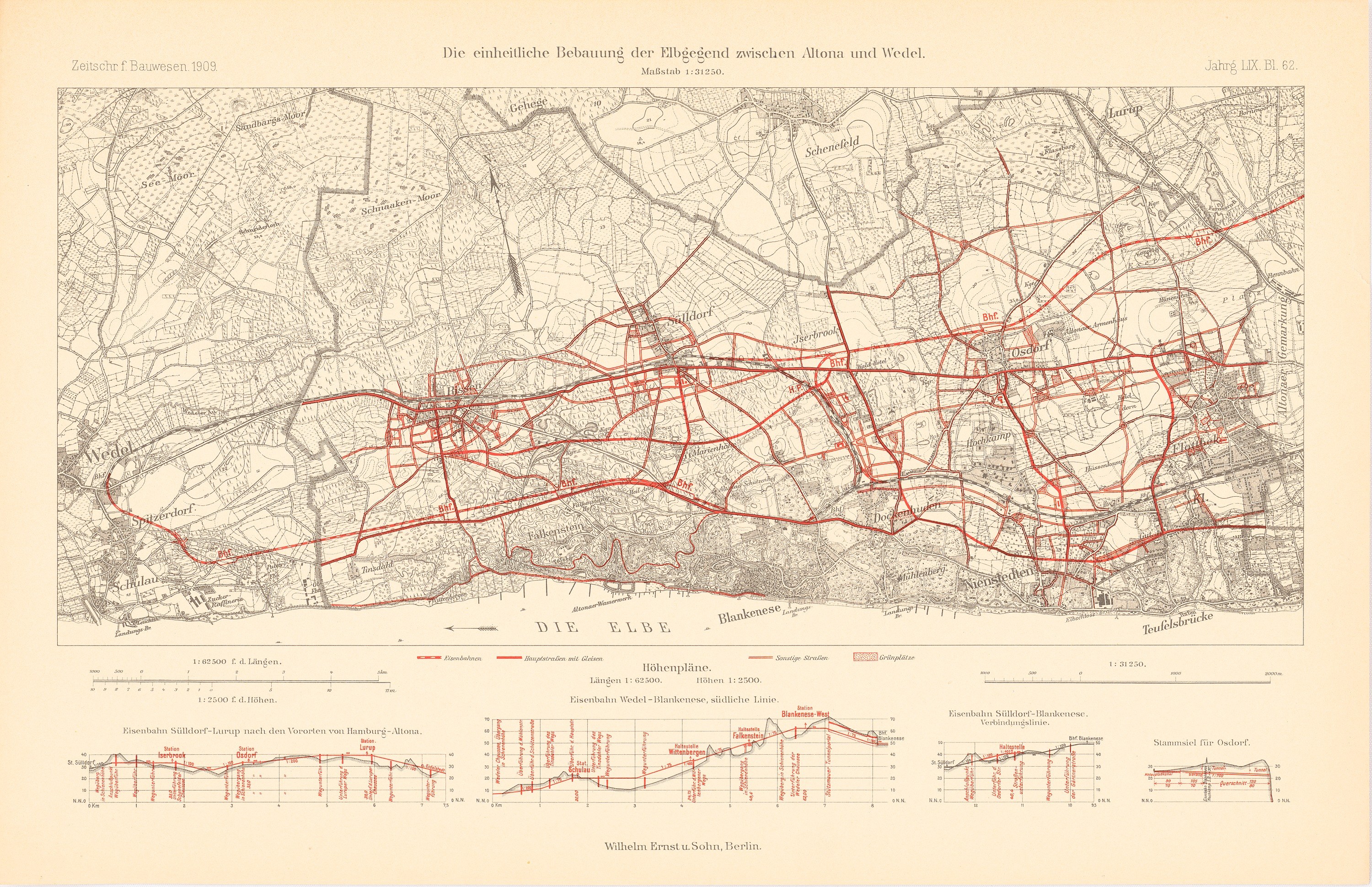 Old map of Berlin, Germany, with red train route lines on printed paper, including text at the top and bottom.