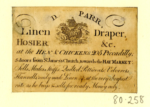 Alte Visitenkarte mit einer realistischen Illustration eines Huhns mit sichtbaren Federn und Schnabel, begleitet von Text.