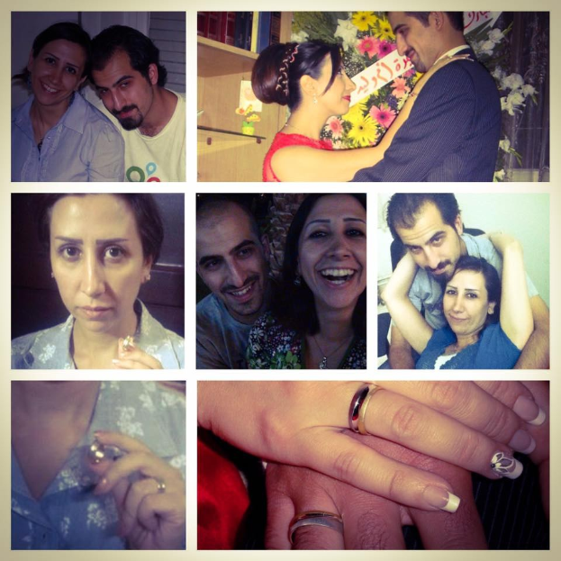 Eine Collage von Fotos, die einen Mann und eine Frau mit Eheringen zeigen, umgeben von Blumenschmuck und anderen dekorativen Elementen.