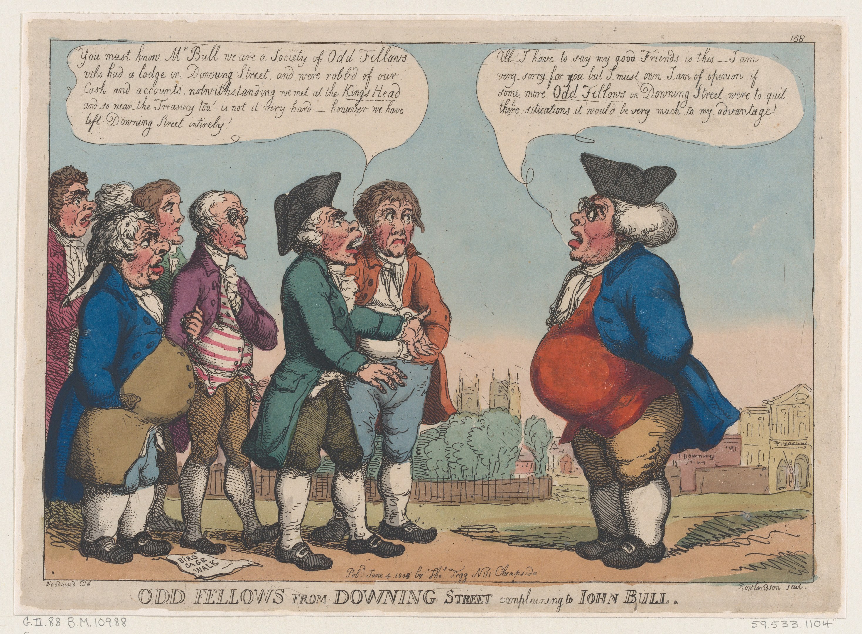 Cartoon illustration of people standing in front of a building with trees and sky, captioned "odd fellows from downing street complaining to John Bull."