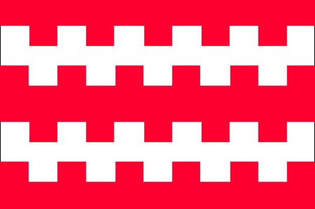 Eine rote Flagge mit einem mittigen weissen Kreuz, bestehend aus abwechselnden weissen und roten Quadraten.