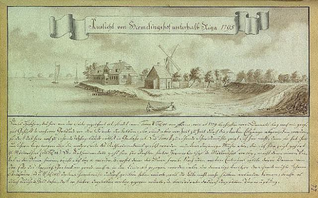 Old document titled "Muskiet von Dondinaghel Interhelt Sigra 1795" signed by a Dutch artist, featuring a windmill drawing in the background with houses, trees, and boats on the water.