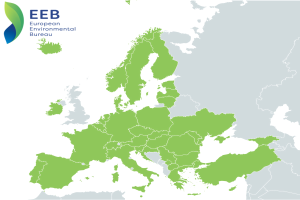 A map of Europe with the European Environmental Bureau logo in the top left corner, shaded in varying greens to indicate EU regions.