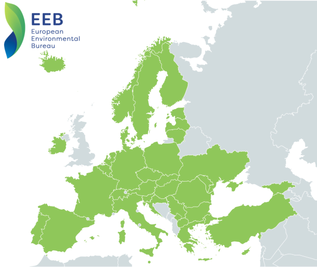 A map of Europe with the European Environmental Bureau logo in the top left corner, shaded in varying greens to indicate EU regions.