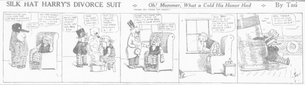 Comic-Strip betitelt "Silk Hat Harry's Divorce Suit" mit einem Mann in schwarzem Anzug mit weißem Hemd und schwarzer Krawatte und einer Frau in einem eleganten Kleid mit schwarzem Schal, beide mit ernsten Gesichtern.