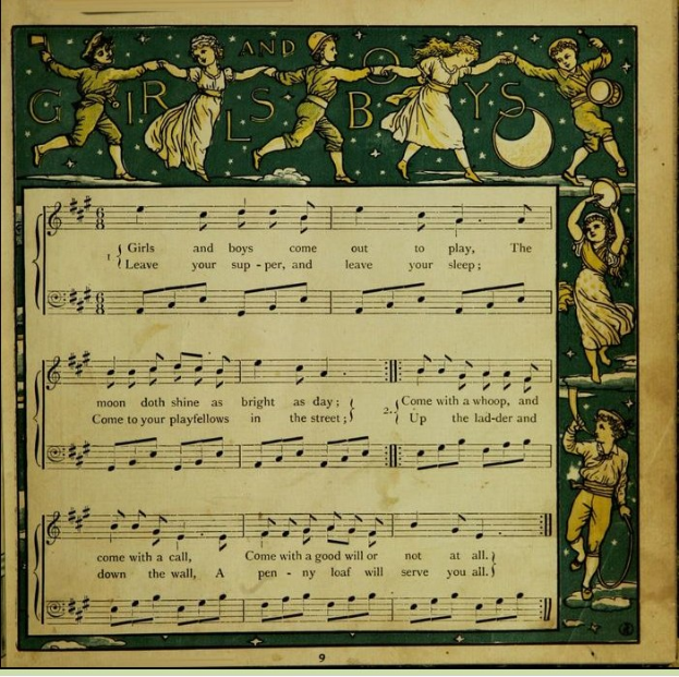 Ein Blatt Papier mit einem Bild von Kindern, die fröhlich in bunten Kleidern tanzen, begleitet von einem Notenblatt mit der Überschrift "Girls and Boys".