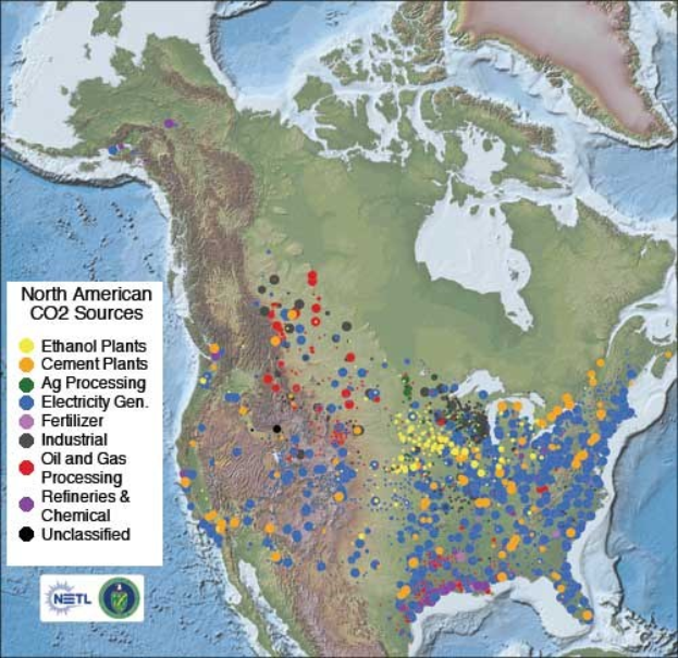 A poster featuring a U.S. map with shaded regions indicating CO2 emission levels from various sources, accompanied by text describing source details.