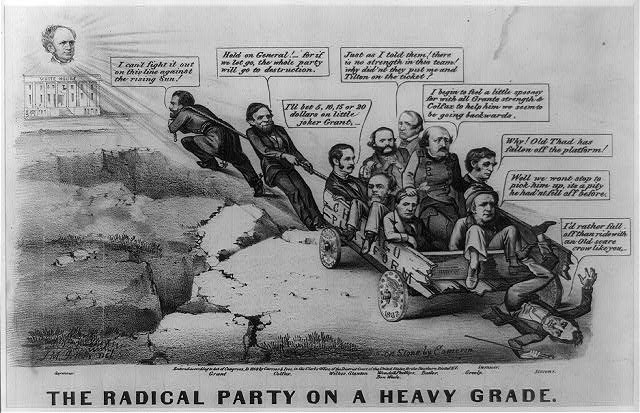 Black and white political cartoon showing a vehicle struggling uphill with several armed individuals inside, a building in the background, and the caption "The Radical Party on a Heavy Grade" at the bottom.