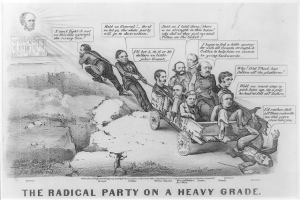 Black and white political cartoon showing a vehicle struggling uphill with several armed individuals inside, a building in the background, and the caption "The Radical Party on a Heavy Grade" at the bottom.