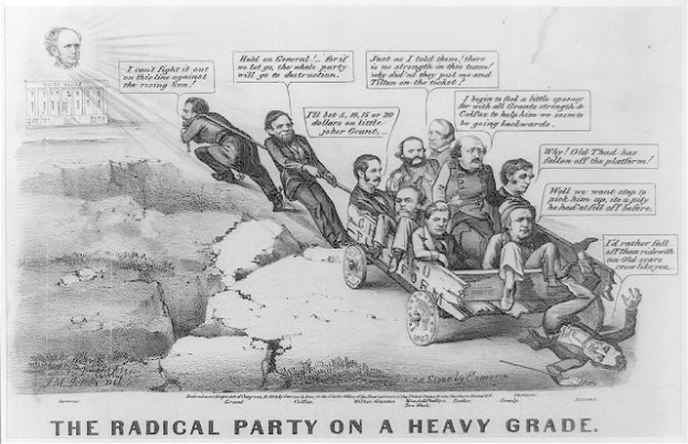 Black and white political cartoon showing a vehicle struggling uphill with several armed individuals inside, a building in the background, and the caption "The Radical Party on a Heavy Grade" at the bottom.