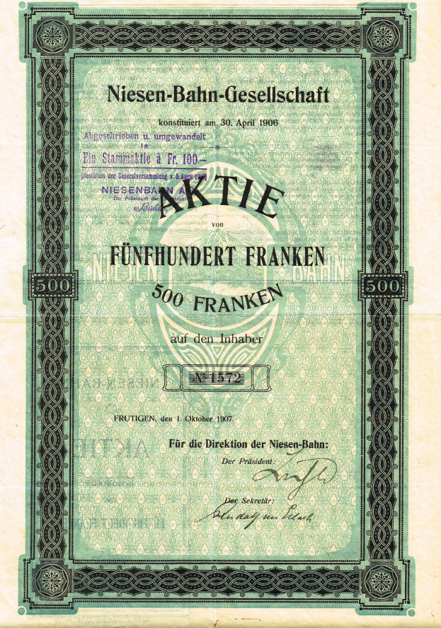 Old German stock certificate for Niesen-Bahn-Gesellschaft with a green border and printed text.