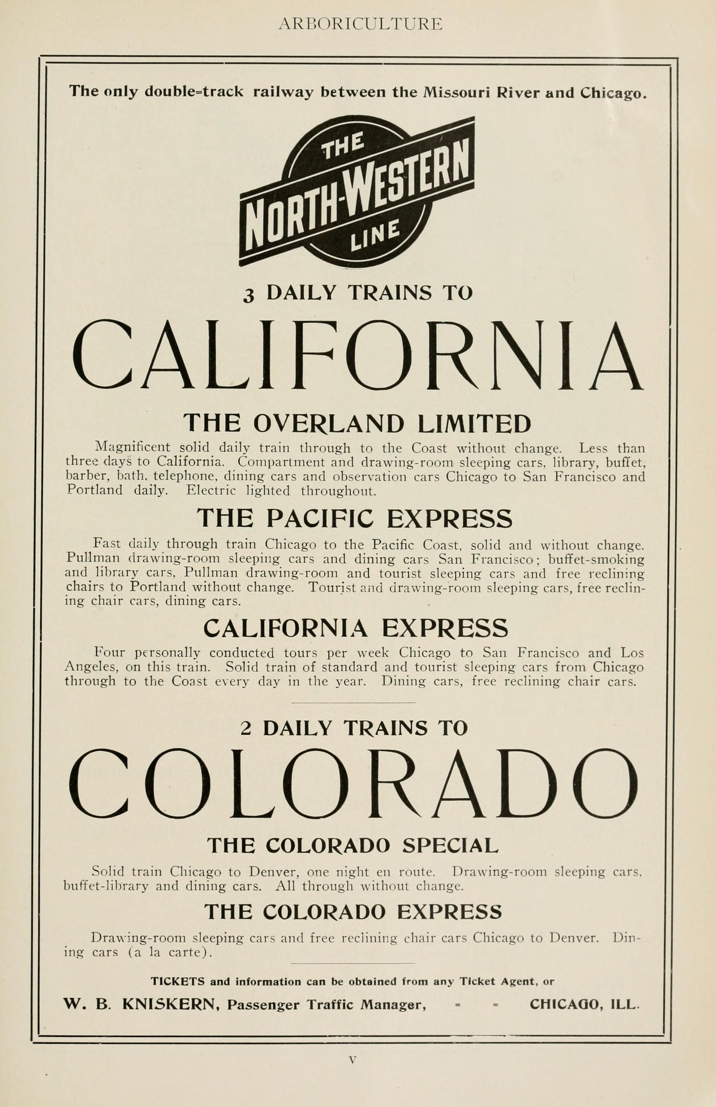 Zeitung mit gedrucktem Text, der tägliche Züge nach Kalifornien, The Overland Limited, The Pacific Express und Colorado auf der Nordwestlichen Linie anbietet.