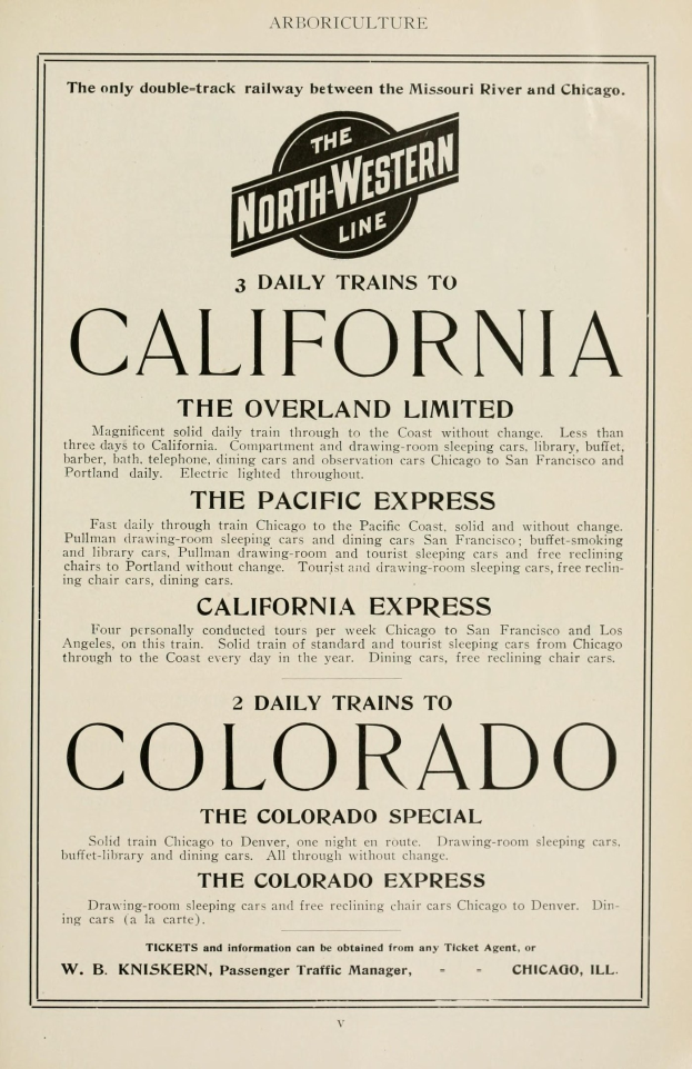 Zeitung mit gedrucktem Text, der tägliche Züge nach Kalifornien, The Overland Limited, The Pacific Express und Colorado auf der Nordwestlichen Linie anbietet.