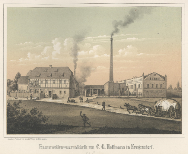 Eine Zeichnung einer rauchenden Fabrik, umgeben von Gebäuden, Bäumen, Menschen, Wagen und Pferden, mit Text unten.