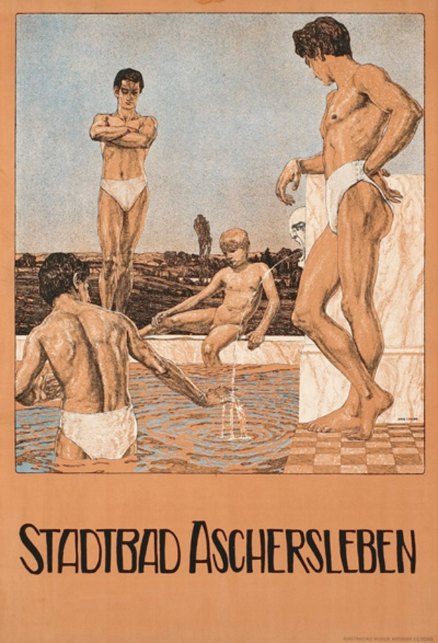 Plakat wirbt für Schwimmbad in Aschersleben, Deutschland, mit einer Gruppe von Menschen im Wasser und einer Person, die im Pool sitzt, sowie Textinformationen über das Schwimmbad und seine Einrichtungen.