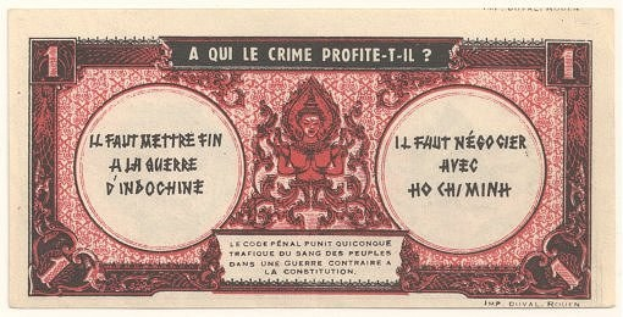 Alte französische Banknote mit ernst dreinschauendem Mann im Anzug, Text "A qui le crime profite-il?" und schwarzem Rand auf weißem Hintergrund.