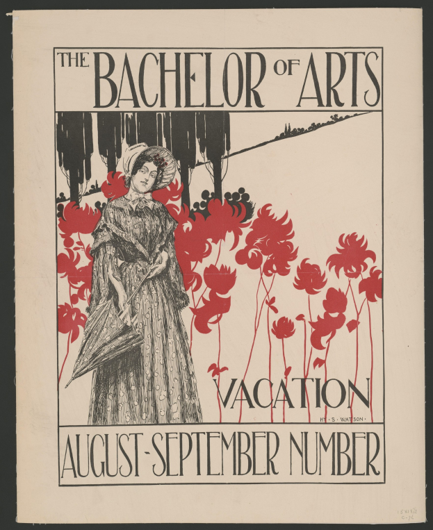 Plakat mit schwarzem Hintergrund, das eine Frau in einem weißen Kleid mit einer blauen Stola und einem weißen Hut zeigt, die in einem Feld gelber Blumen unter einem blauen Himmel steht, Text lautet "The Bachelor of Arts Vacation August-September Number" in weißer Schrift mit goldener Umrandung.
