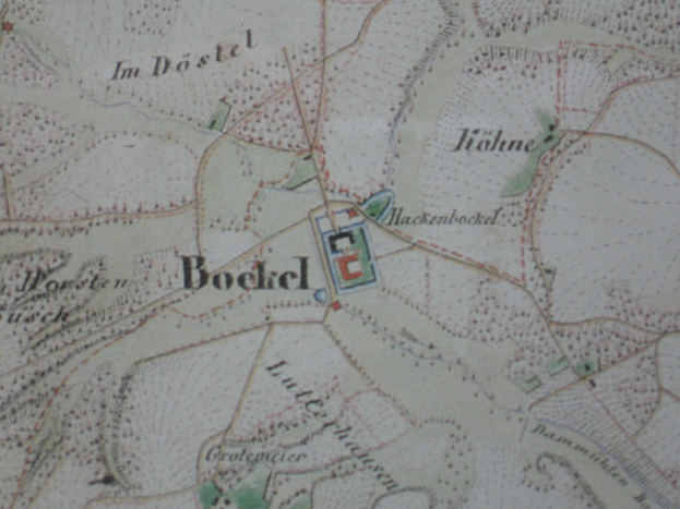 Detailed old map of Bockel, Germany, showing streets, buildings, landmarks, and text with population and road information.