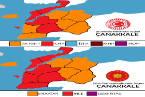 Eine Landkarte der Türkei, die in verschiedenen Farben die prozentuale Bevölkerung in jedem Gebiet zeigt, mit der Anzeige "Canakkale Wahlresultate 2018".