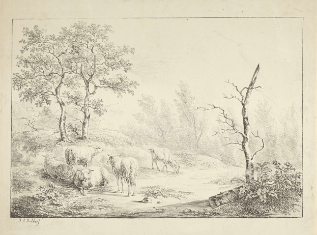 A wooded landscape with a herd of sheep grazing in the foreground, surrounded by trees and plants, and text at the bottom.
