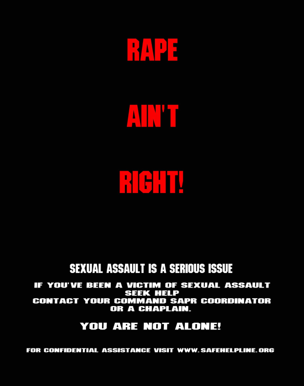 Plakat mit fettem schwarzem Text auf einem weißen Hintergrund, der 'Rape Ain't Right: Sexual Assault is a Serious Issue' sagt, eingerahmt von einem schwarzen Rand.