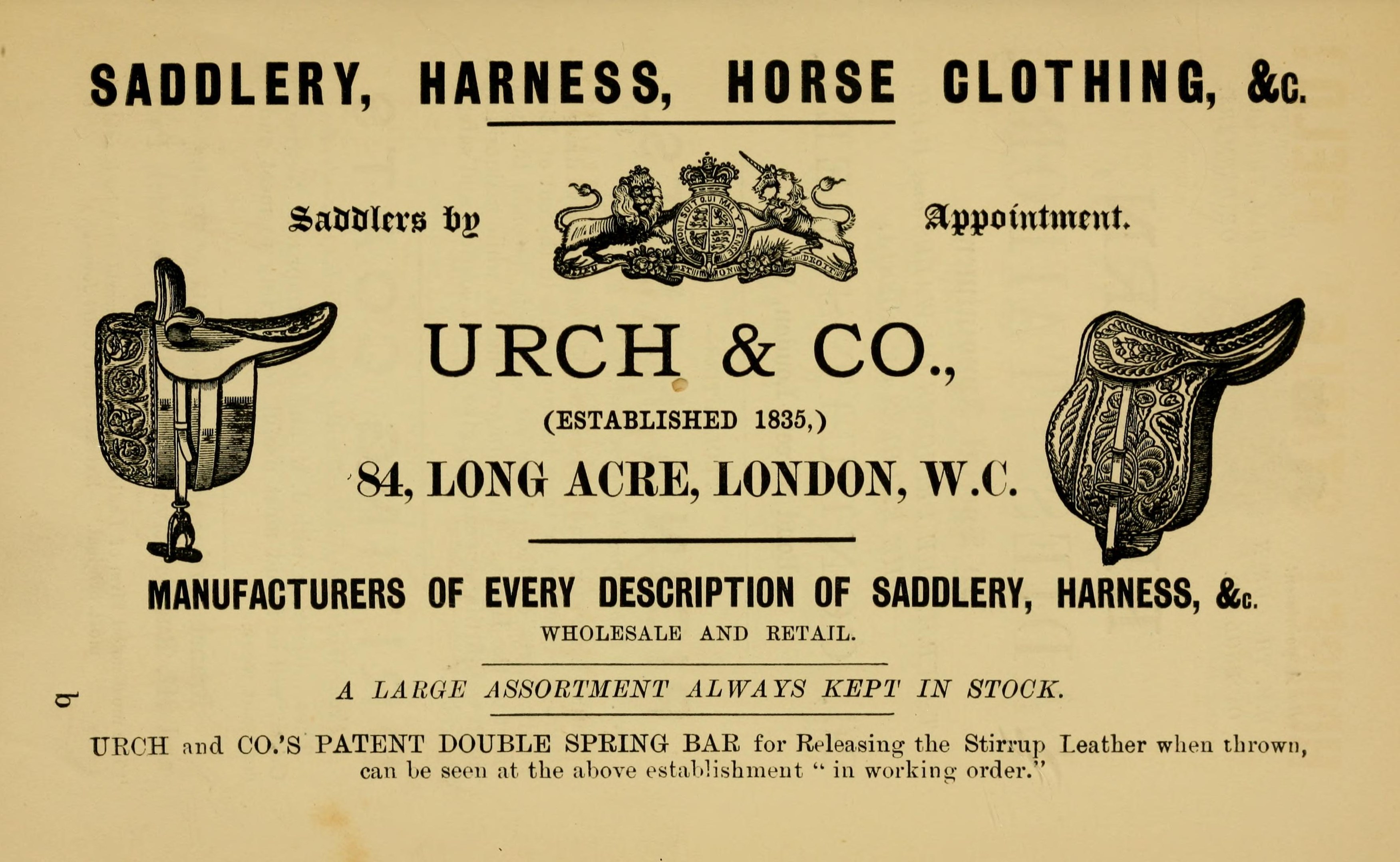 Anzeige für urch & co Sattlerei mit Schuhwerk, Sätteln, Zaumzeug und Zügeln mit Text.